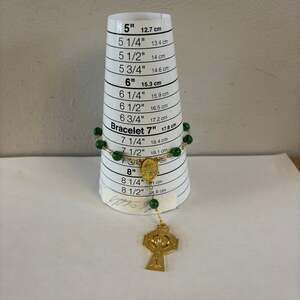 Gold Tone Green Bead Rosary Style Catholic Bracelet